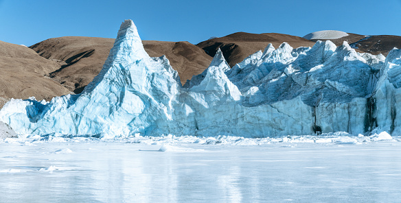 Ancient glaciers, crystal clear icebergs, geological structures, China's Tibet region.