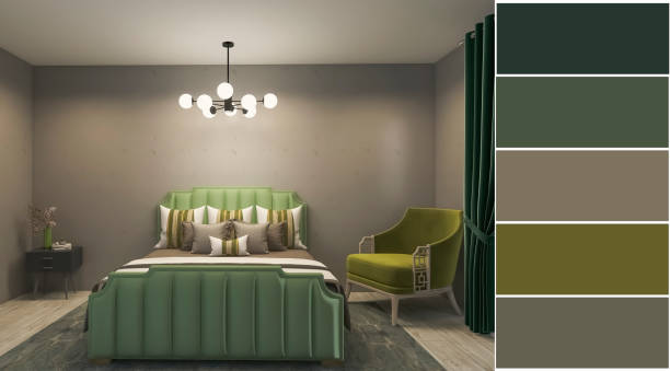 istock Bedroom design, color palette 3d render, 3d illustration 1525786047