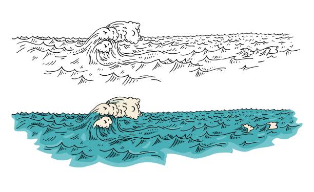 ilustraciones, imágenes clip art, dibujos animados e iconos de stock de olas del mar. ilustración en color de grabado vectorial vintage. aislado sobre blanco - resoplar