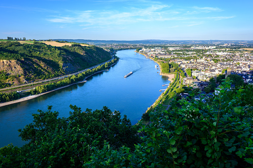 The Rhine river seen from atop a hill north of Andernach looking towards the south with Neuwied visible in the distance.
