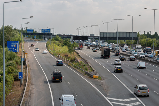 London, UK - June 14, 2023: Heavy traffic on the busiest British motorway M25 near junction to Heathrow airport.