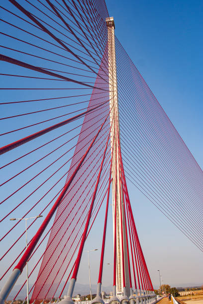 Details of one of the A-frame support pillars of the suspension bridge that connects Vila Real de Santo Antonio in Portugal with Ayamonte in Spain. This is the third longest, and most southerly bridge in Portugal.