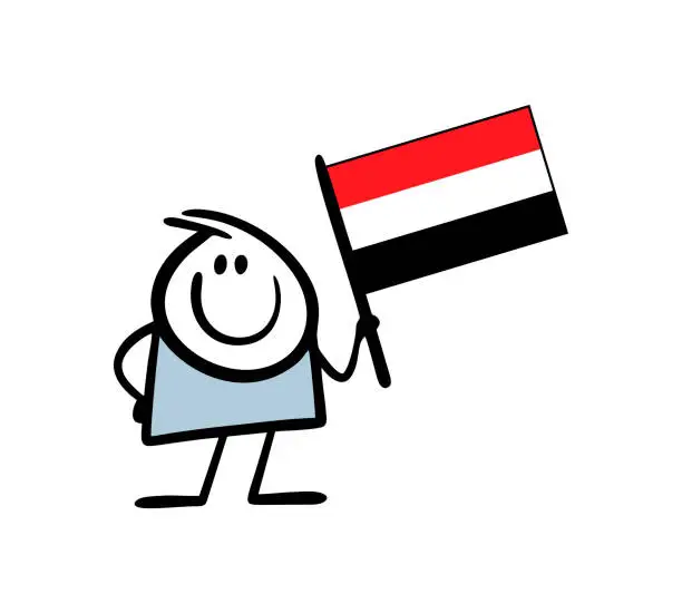 Vector illustration of Cartoon stick man holding flag of Republic of Yemen in rising up hand. Vector illustration of hand drawn man waving national sign of the country.