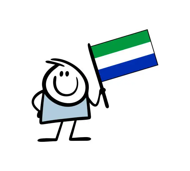 Vector illustration of Cartoon stickman holding flag of Republic of Sierra Leone in rising up hand. Vector illustration of guy waving national sign of the country.
