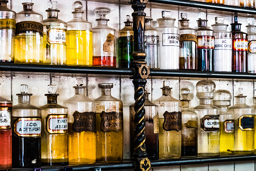Potions and lotions in the pharmacy at Blists Hill Victorian town at the turn of the 19th Century.