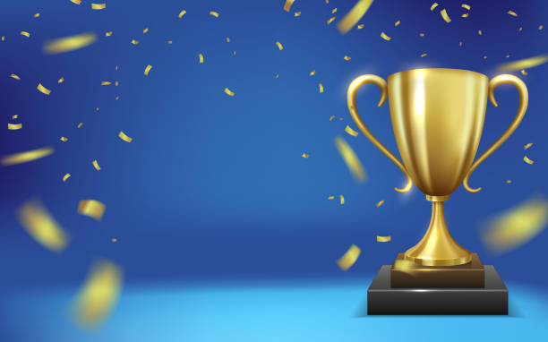 Realistic Golden Trophy Surrounded By Falling Confetti Realistic Golden Trophy Surrounded By Falling Confetti, Isolated on Blue Background, Vector Illustration blue cup stock illustrations