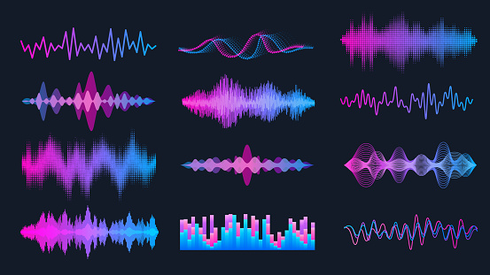 Sound Waves Set, Music Wave HUD Interface Elements, Frequency Audio Waveform, Voice Graph Signal. Vector Audio Electronic Color Wave, Vector Illustration