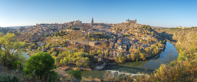 Panoramic view of Toledo Skyline with Cathedral, Alcazar and Tagus River - Toledo, Spain