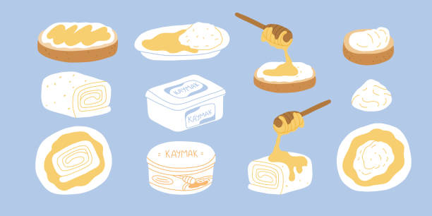 Kaymak with Bread and Honey Set. Kaymak with Bread and Honey Set. Tradirional Balkan and Turkish breakfast clotted cream stock illustrations