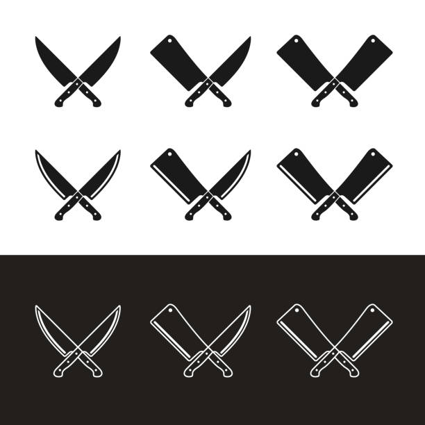 stockillustraties, clipart, cartoons en iconen met set of crossed butcher meat knives knife silhouette - hakmes