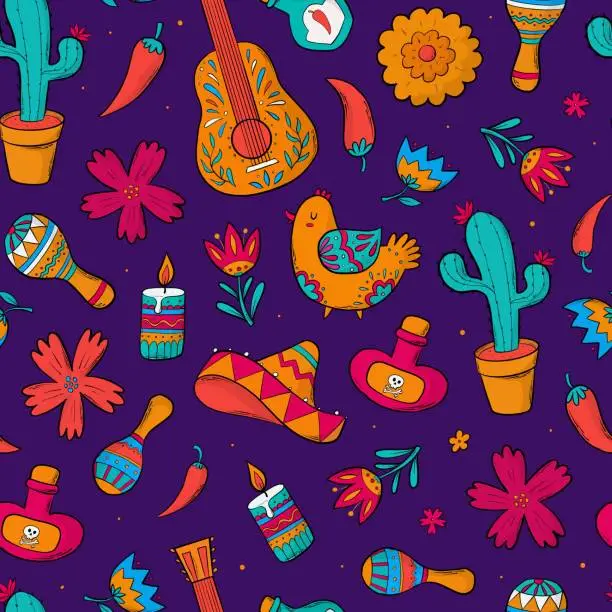 Vector illustration of Mexican doodles seamless pattern, print