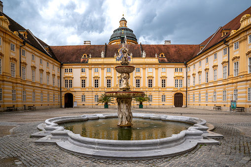 Melk, Lower Austria - AT - June 8, 2023 Horizontal wide angle view of the Prelates courtyard of Melk Abbey in Wachau Valley.