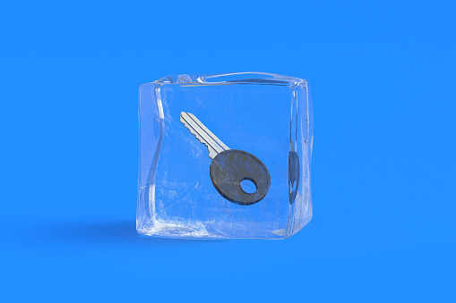 Key in ice cube. 3d illustration