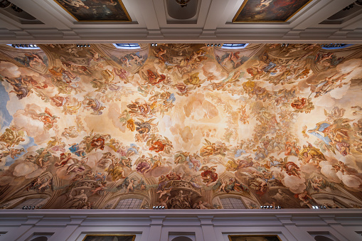 Toledo, Spain - Mar 26, 2019: Sacristy Ceiling at Toledo Cathedral Interior - Toledo, Spain