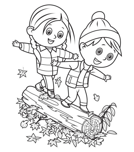 ilustrações de stock, clip art, desenhos animados e ícones de vector illustration children having fun and balancing on tree in fall woodland - humor book fun human age
