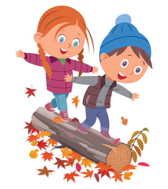 illustrations, cliparts, dessins animés et icônes de illustration vectorielle enfants s’amusant et se balançant sur un arbre dans une forêt d’automne - smiling little girls little boys autumn