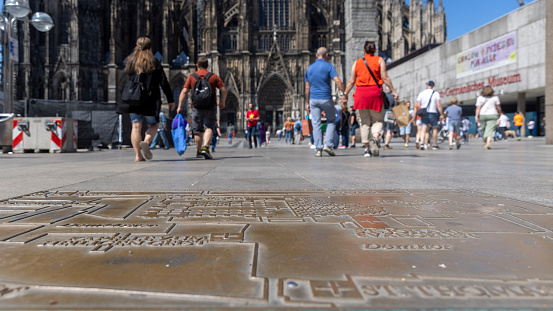 Cologne, Germany - Jun 6th 2023: Cologne cathedral is iconic and internationally known landmark in German city. It's twin towers are visible all over the city.