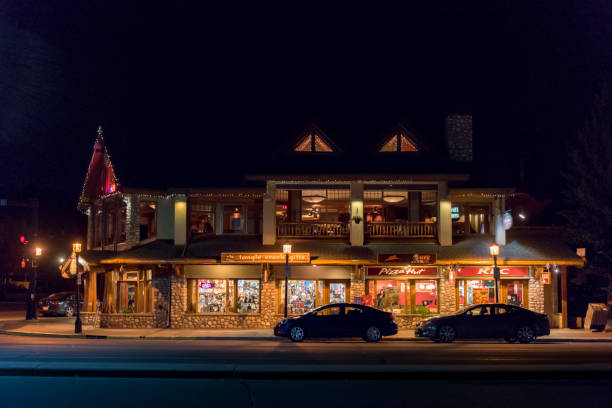 Street view of Jasper Downtown in the night, Alberta, Canada stock photo