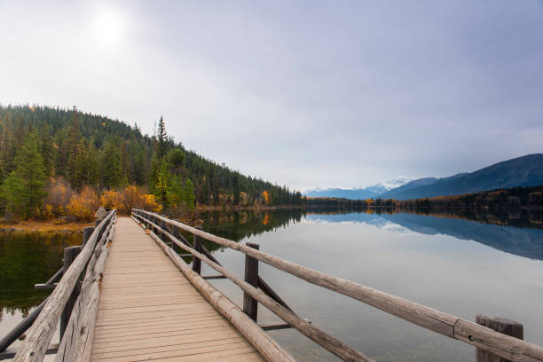 Pyramid Island, Pyramid Lake. Jasper National Park landscape. Canadian Rockies nature scenery background. Alberta, Canada.