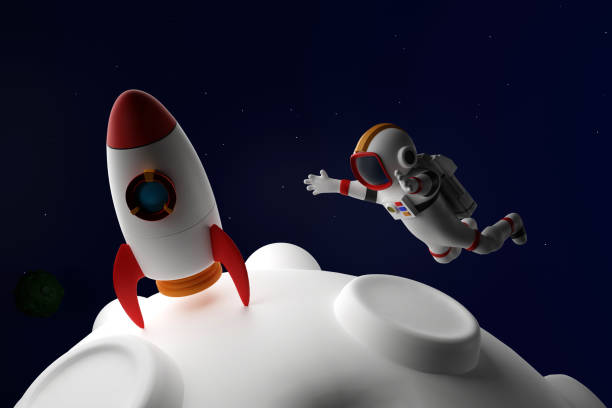 istock Astronaut with rocket and shuttle floating in space with asteroids moon and UFO, 3D rendering. 1526319392