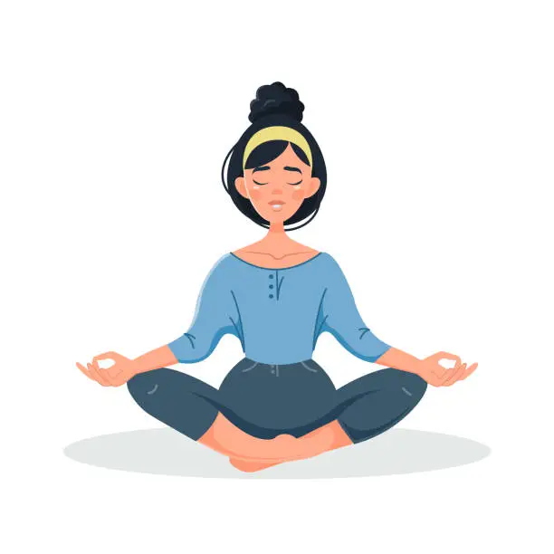 Vector illustration of A young girl meditates in the lotus position.