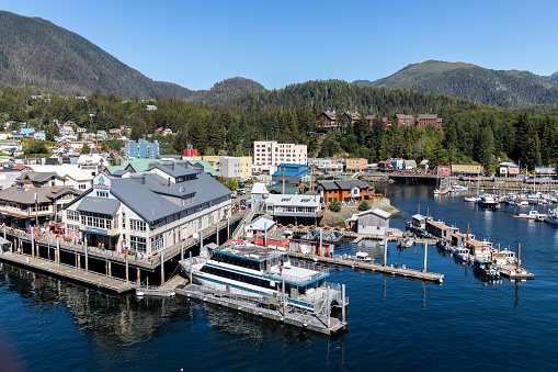 KETCHIKAN, ALASKA, USA - AUGUST 21, 2022: Aerial of view of the city and marina.
