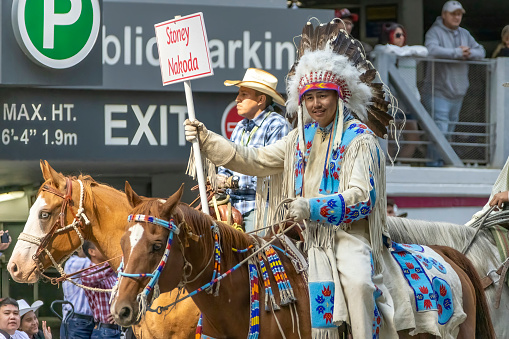 Calgary, Alberta, Canada. July 7, 2023. The Stoney Nakoda the original peoples of the mountains also known in Nakoda language as the Iyarhe Nakoda and previously as the Iyethkabi at a public event.