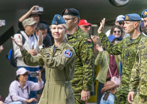Calgary, Alberta, Canada. July 7, 2023. Members of the 918 Griffon Royal Canadian Air Cadet Squadron at a public parade.