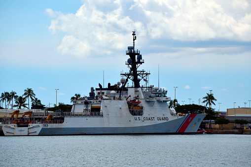 Sand Island, Honolulu, Oahu, Hawaii, USA: USCGC Cutter Midgett (WMSL 757) - Legend-class cutter of the United States Coast Guard, built by Ingalls Shipbuilding in Pascagoula Mississippi and delivered to the Coast Guard in April 2019 - The Legend-class cutters, also known as the National Security Cutters (NSC) and Maritime Security Cutters, are the largest active patrol cutter class of the US Coast Guard, with the size of a frigate - Port of Honolulu, Kapalama Basin.
