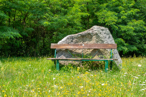 An old wooden bench, in a green meadow of the hills surrounding the Orta lake. Orta lake is a small water mirror, of glacial origin, situated in Northern Italy, Piedmont Region.