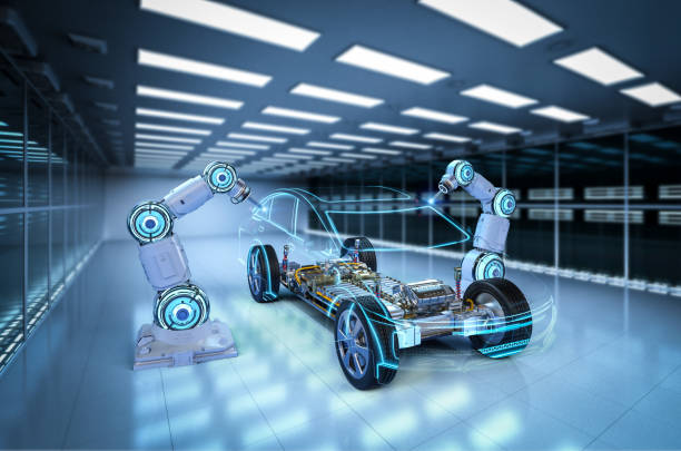 istock Robot assembly line with electric car battery cells module on platform 1526549539