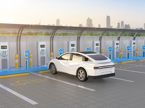 3d rendering white ev car or electric vehicle plug in with recharging station