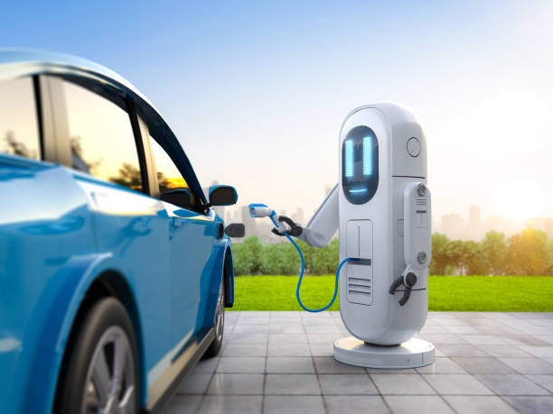 istock Automatic electric recharge station with robot hand hold EV charger 1526550063