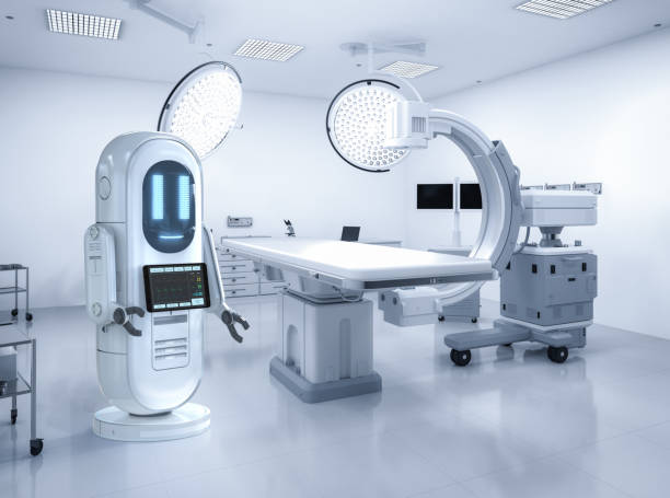 istock Medical technology concept with assistant robot with mri scan machine 1526550064