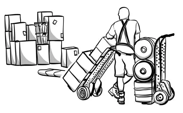 Vector illustration of Moving Boxes And Delivery Personnel Sketch