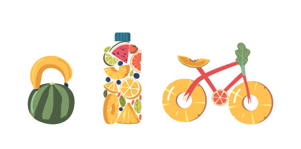 istock Fruits and Berries in Shape of Weight, Water Bottle and Bicycle Isolated on White Background. Sport, Healthy Lifestyle 1526554878