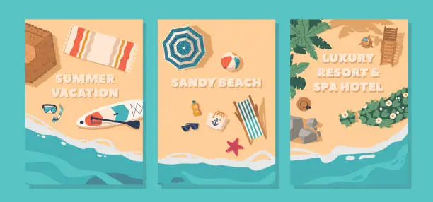 Vector illustration of Beach-themed Banners. Vibrant And Colorful, Featuring Popular Beach Items Like Beach Ball, Sunglasses, Towel or Daybed