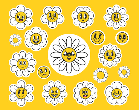 Y2k Daisy Flower Characters, Whimsical And Retro-inspired Blossom Personages With Emotions, Representing The Playful And Optimistic Spirit Of The Turn Of The Millennium. Cartoon Vector Illustration