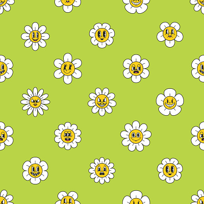 Seamless Pattern with Y2k Flower Characters, Vibrant and Playful Nostalgic Design Features Retro-inspired Blooms That Add A Touch Of Whimsy And Fun To Project Or Product. Cartoon Vector Illustration