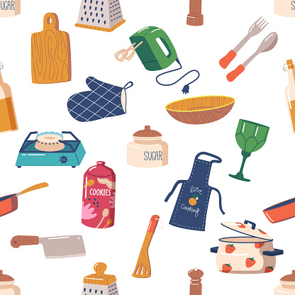 Seamless Pattern Featuring Various Kitchenware Items Such As Pots, Pans, Utensils, And Appliances, Perfect For Adding A Touch Of Culinary Charm To Designs And Decor. Cartoon Vector Illustration