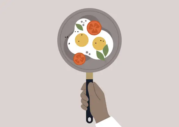 Vector illustration of Chef's hand holding a cast iron skillet with a sunny side up and vegetables on it, a classic breakfast concept