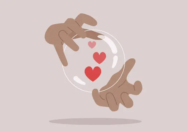Vector illustration of Hands holding a crystal magic ball, a love potion brewing inside