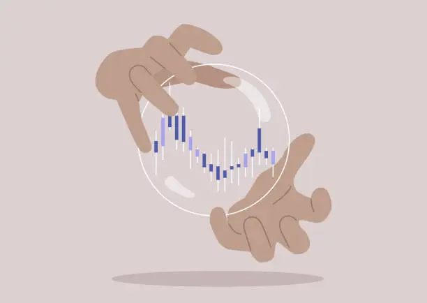Vector illustration of Hands holding a crystal magic ball, a candle chart inside, a funny way to predict investment efficiency