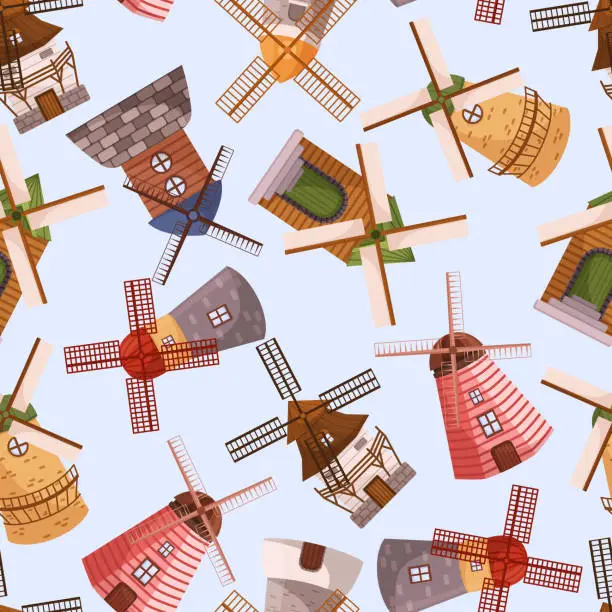 Vector illustration of Seamless Pattern Of Windmills Showcasing Rotating Blades, Tile Background Creating Whimsical And Nostalgic Mood