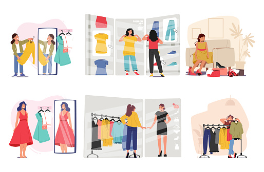 Set of Female Shopper Characters Browsing Clothes Racks, Trying On Various Outfits And Seeking Stylish Garments In The Store, That Suit Their Tastes And Preferences. Cartoon People Vector Illustration