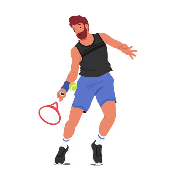 Vector illustration of Mature Male Character Swings Racket, Hits Ball Across The Net. Athlete Man Runs, Jumps, And Strategizes To Win Points
