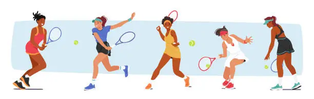 Vector illustration of Women Characters Play Tennis, Displaying Remarkable Athleticism And Skill. They Compete Fiercely On Court