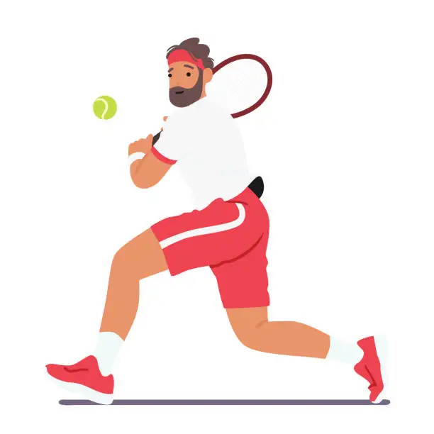 Vector illustration of Adult Man Character Plays Tennis, Engaging In A Dynamic Sport, He Serves, Rallies, And Volleys, Displaying Agility