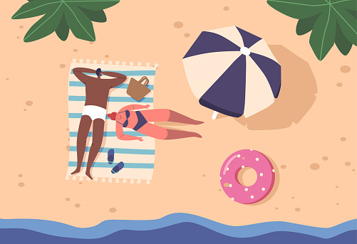 Top View Of A Serene Beach Scene, With A Couple Lying On The Sandy Shore, Enjoying The Sun And Peaceful Surroundings. Male and Female Characters Relax on Towel. Cartoon People Vector Illustration