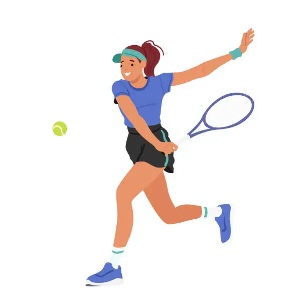 Vector illustration of Woman Plays Tennis With Precision, Agility, And Determination. Female Character Exhibits Excellent Serves, Forehands